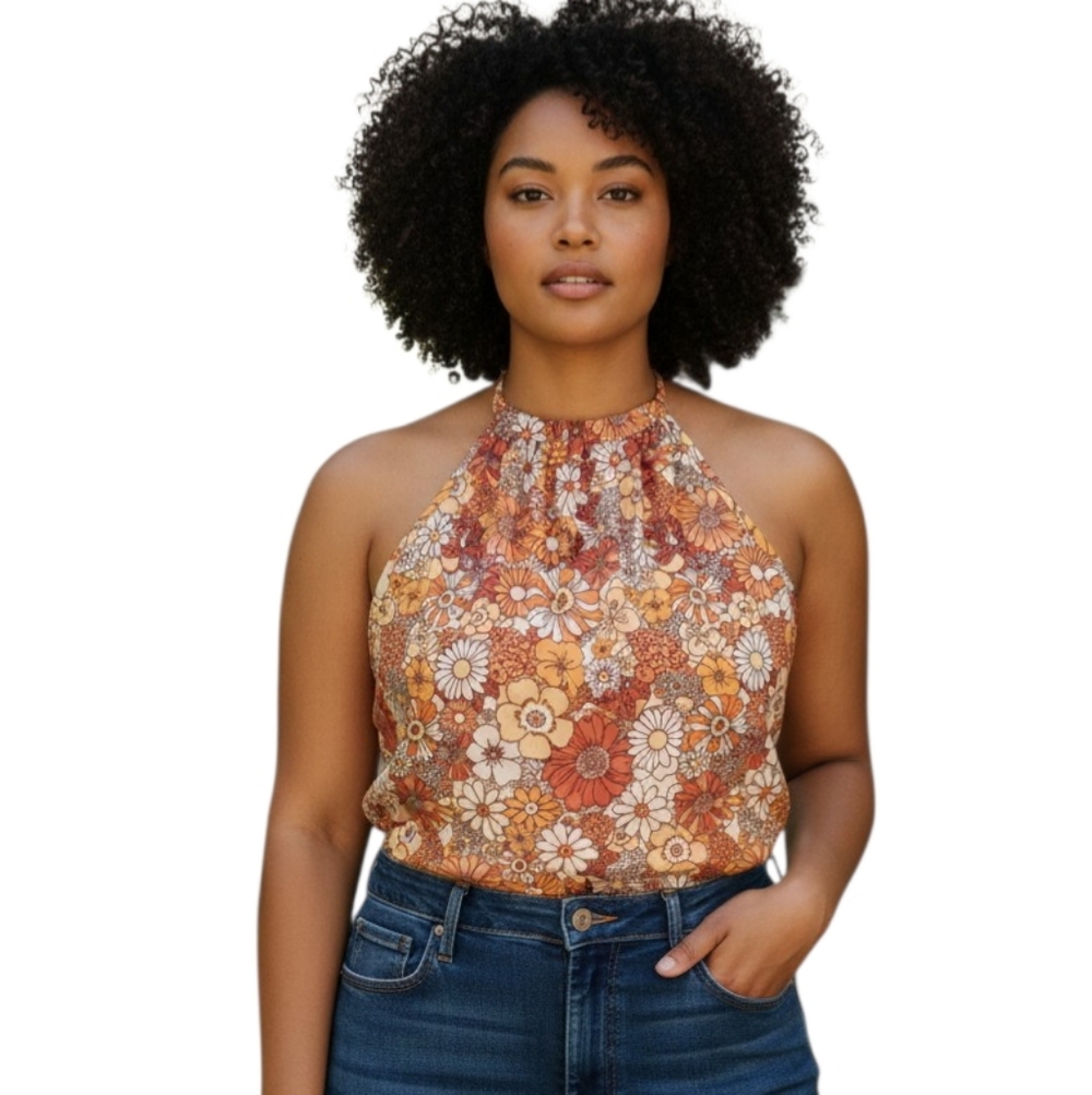 SHEIN Floral Halter Crop Top - Red and Orange Sz.4X EUC.